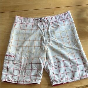 Aeropostale Men's White Swim Shorts with Red and Yellow Grid
